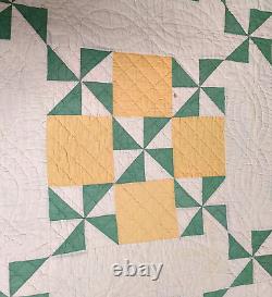 Signed Dated Pinwheel Quilt Hand Stitch 84x84 Sawtooth Edge Yellow Green VTG'31