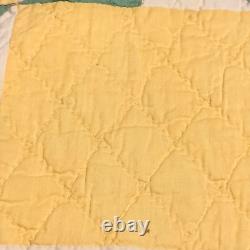 Signed Dated Pinwheel Quilt Hand Stitch 84x84 Sawtooth Edge Yellow Green VTG'31