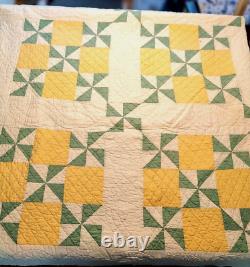 Signed Dated Pinwheel Quilt Hand Stitch 84x84 Sawtooth Edge Yellow Green VTG'31