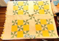 Signed Dated Pinwheel Quilt Hand Stitch 84x84 Sawtooth Edge Yellow Green VTG'31