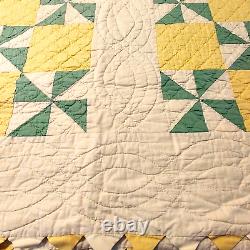 Signed Dated Pinwheel Quilt Hand Stitch 84x84 Sawtooth Edge Yellow Green VTG'31