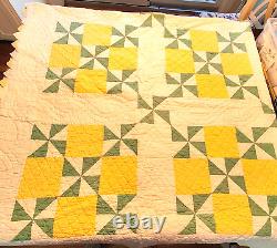 Signed Dated Pinwheel Quilt Hand Stitch 84x84 Sawtooth Edge Yellow Green VTG'31