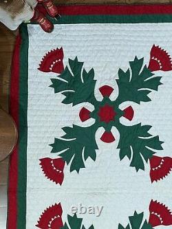 Stunning VTG appliqued quilt, hand quilted 78x 86 Red White & Green