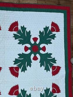 Stunning VTG appliqued quilt, hand quilted 78x 86 Red White & Green