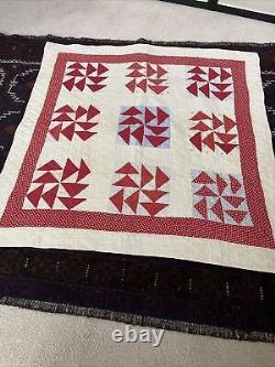 Stunning Vintage Crib quilt Red, white Some Blue about 36x 36 Patriotic Hanger