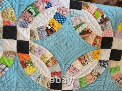 Stunning Vintage Hand stitched Double Wedding Ring Quilt 74 X 96 Queen Size