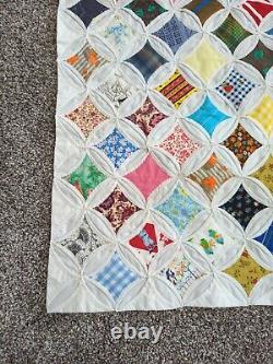 Stunning Vintage Handstitched Full Sz 79 x 72 Cathedral Window Quilt