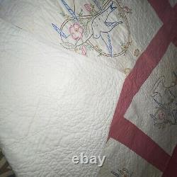 Stunning Vintage Quilt 76 X 64 Approximately Cotton? Embroidery hasn't B Washed
