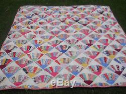 Stunning Vtg Fan Quilt-Handmade/Hand Stitched/Hand Quilted-Pink Backing-78x76