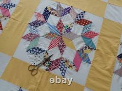 THE BEST FABRICS Large Vintage 30s Yellow & White Broken Star QUILT TOP 92x90
