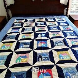 Tiny Houses Vintage Hand Made Quilt 80 x 64 Inches Bed Cover Cottage Decor