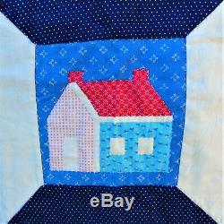 Tiny Houses Vintage Hand Made Quilt 80 x 64 Inches Bed Cover Cottage Decor