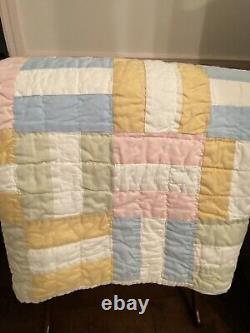 True Vintage Handmade 3 Patch Quilt-Top Hand Pieced-68x79-Blue, Gold, Sage, Pink