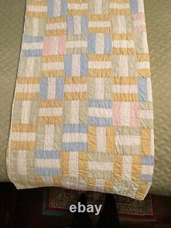 True Vintage Handmade 3 Patch Quilt-Top Hand Pieced-68x79-Blue, Gold, Sage, Pink