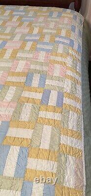 True Vintage Handmade 3 Patch Quilt-Top Hand Pieced-68x79-Blue, Gold, Sage, Pink