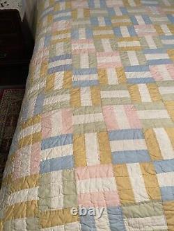 True Vintage Handmade 3 Patch Quilt-Top Hand Pieced-68x79-Blue, Gold, Sage, Pink