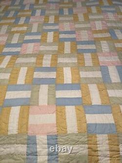 True Vintage Handmade 3 Patch Quilt-Top Hand Pieced-68x79-Blue, Gold, Sage, Pink