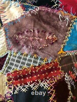 True Vintage Handmade Grandma Embroidered Stitch Crazy Quilt Blanket 76 x 66