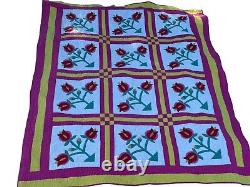 Tulip Quilt Vintage Pink Yellow White Green 84 x 69 Excellent Condition Countr