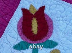 Tulip Quilt Vintage Pink Yellow White Green 84 x 69 Excellent Condition Countr