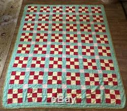 Twin sz Nine patch and Rails vintage handmade quilt 65 x 81 green red antique