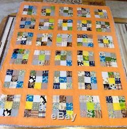 USA Made Full Size Quilt -9 Patch- New Quilt from Vintage Top 72x85 Orange/Gray
