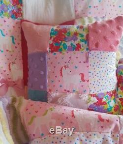 Unicorn Dreams Vintage Chenille Princess Baby Girl Rainbow Crib Quilt Bedding