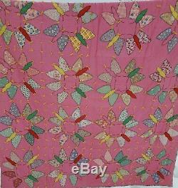 Unique Vintage 1930's Applique Pink Butterfly Flowers Hand Made Quilt 68 x 86