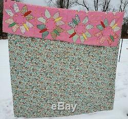 Unique Vintage 1930's Applique Pink Butterfly Flowers Hand Made Quilt 68 x 86