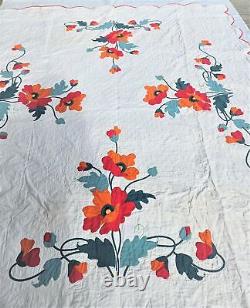 Unique Vintage Hand Appliquéd And Quilted Garden Poppy Quilt