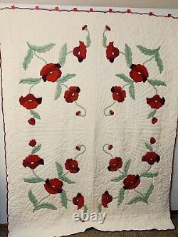 Unique Vintage Hand Appliquéd & Quilted Rich Poppy Quilt Beautiful Hand Quilted