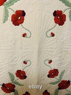 Unique Vintage Hand Appliquéd & Quilted Rich Poppy Quilt Beautiful Hand Quilted