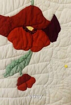 Unique Vintage Hand Appliquéd & Quilted Rich Poppy Quilt Beautiful Hand Quilted