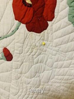 Unique Vintage Hand Appliquéd & Quilted Rich Poppy Quilt Beautiful Hand Quilted