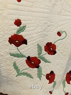 Unique Vintage Hand Appliquéd & Quilted Rich Poppy Quilt Beautiful Hand Quilted