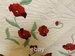 Unique Vintage Hand Appliquéd & Quilted Rich Poppy Quilt Beautiful Hand Quilted