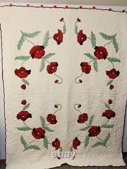 Unique Vintage Hand Appliquéd & Quilted Rich Poppy Quilt Beautiful Hand Quilted