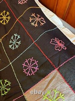 Unusual Vintage Hand Embroidered Snowflake on Wool Patchwork Quilt 80 x 64
