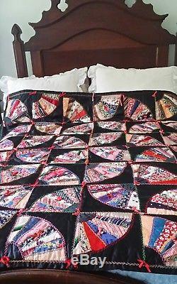 VIBRANT Vintage Fans Crazy Antique Quilt Hand Made embroidered tied hand sewed
