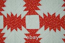 VIBRANT Vintage Red & White Pineapple Windmill Blades Log Cabin Antique Quilt