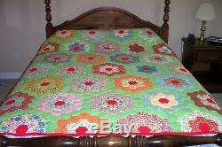 VINTAGE Colorful HANDMADE QUILT GRANDMOTHER'S FLOWER GARDEN Green with FeedSack