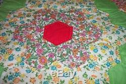 VINTAGE Colorful HANDMADE QUILT GRANDMOTHER'S FLOWER GARDEN Green with FeedSack