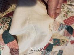 VINTAGE DOUBLE WEDDING RING HAND STITCHED QUILT 89x102 COTTAGECORE SHABBY CHIC