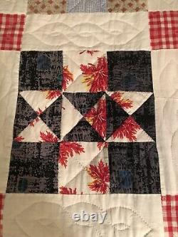 VINTAGE HAND MADE QUILTED REVERSIBLE Coverlet RED CHECK GINGHAM /TRIANGLES