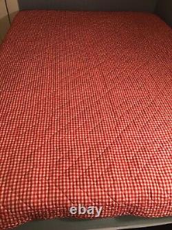 VINTAGE HAND MADE QUILTED REVERSIBLE Coverlet RED CHECK GINGHAM /TRIANGLES
