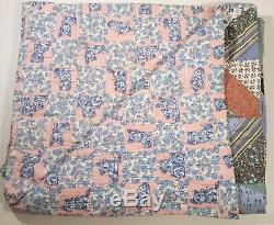 VINTAGE HANDMADE QUILT 1960s 2-SIDED KITTY CAT PATTERN & CRAZY PATCHWORK FABRIC