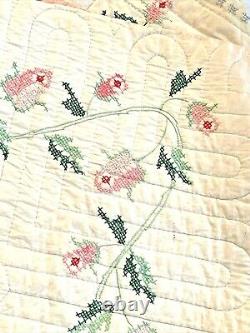 VINTAGE HANDMADE QUILT FLORAL CROSS STITCH ROSES EMBROIDERED 78x92