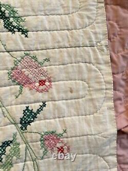 VINTAGE HANDMADE QUILT FLORAL CROSS STITCH ROSES EMBROIDERED 78x92