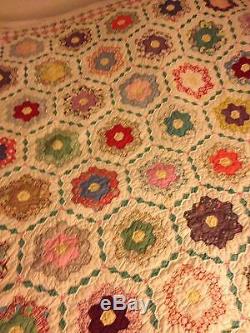 VINTAGE HANDMADE QUILT hand stitched red pink yellow blue 96 x 66