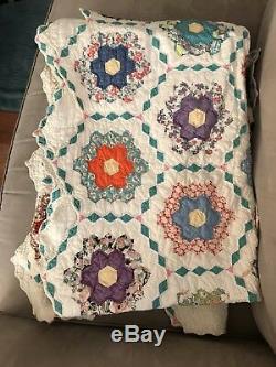 VINTAGE HANDMADE QUILT hand stitched red pink yellow blue 96 x 66